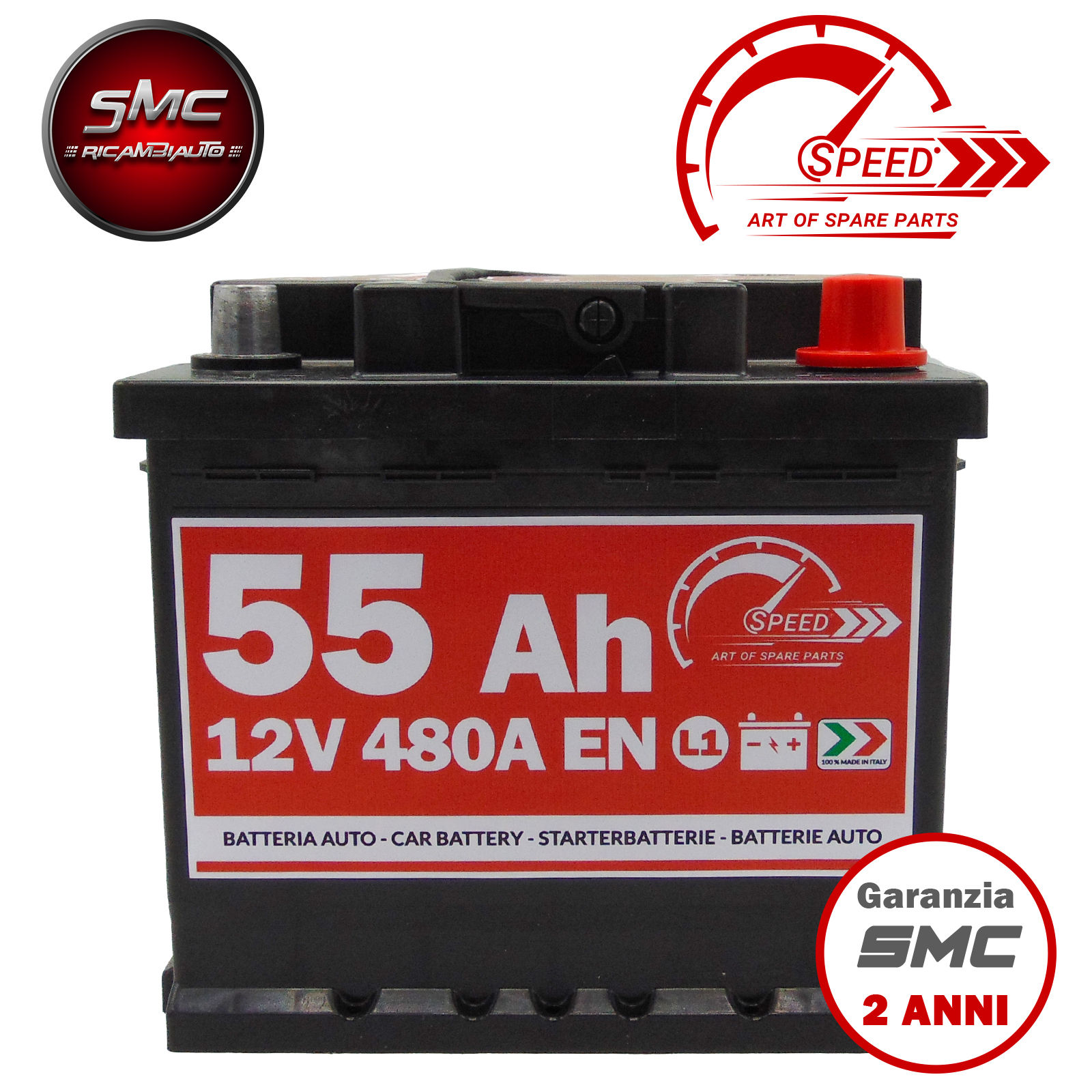 Batterie Voiture SMC Speed L155 12V 55Ah 480A - Pôle Positif à Droite, Dimensions 207x175x190 Mm